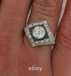 1.67 Art Deco Old Mine Cut Center Diamond Sapphires Diamonds Platinum Ring