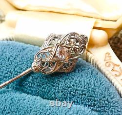 14K White Gold European Old Mine Cut. 25 ctw Diamond Antique Art Deco Stick Pin