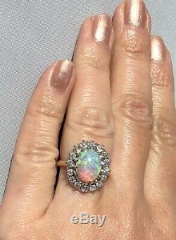 14K Yellow Gold Opal Ring Old European Diamond Halo Antique Cocktail Oval