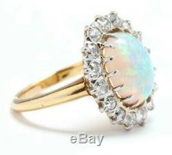 14K Yellow Gold Opal Ring Old European Diamond Halo Antique Cocktail Oval