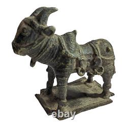 1800s Old Antique Vintage Brass Cow, Calf, Krishna & Shiv Ling Statue / Figure