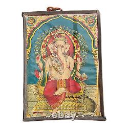 19C Old Antique Vintage Raja Ravi Varma God Ganesh Litho. Paper Print Iron Frame