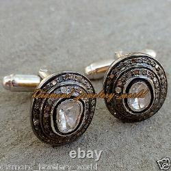 2.35cts Genuine Old Mine Rose Antique Cut Diamond Silver Vintage Men's Cufflinks