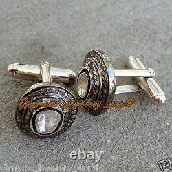 2.35cts Genuine Old Mine Rose Antique Cut Diamond Silver Vintage Men's Cufflinks