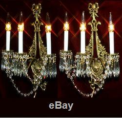 2 Antique Bird old Bronze Brass French Crystal Sconces wall Chandelier Vintage