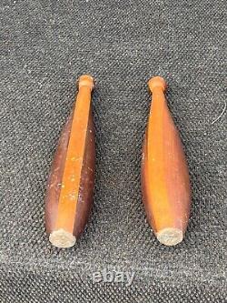 2 Antique old wood 15 exercise gym weight clubs vintage strongman juggling pin