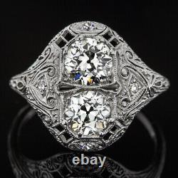 2 Carat Vintage Old European Cut Diamond Platinum Double Ring Filigree Antique