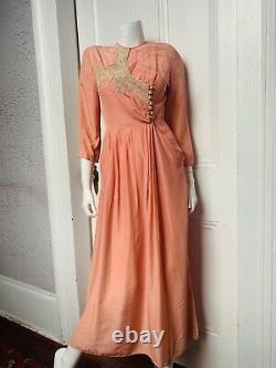 30's Vintage Silk Rayon Old Lace Dressing Gown Dress sm/ med