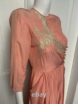 30's Vintage Silk Rayon Old Lace Dressing Gown Dress sm/ med