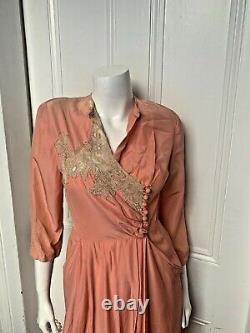 30's Vintage Silk Rayon Old Lace Dressing Gown Dress sm/ med