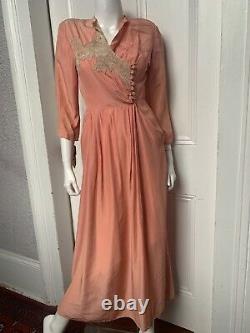 30's Vintage Silk Rayon Old Lace Dressing Gown Dress sm/ med