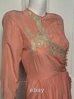 30's Vintage Silk Rayon Old Lace Dressing Gown Dress sm/ med