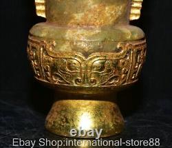 5.8 Rare Old Chinese Hetian Jade Gilt Dynasty Palace Beast Face Dragon Bottle