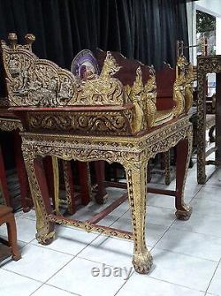 +80 year old Gold Gilt wood carved old antique vintage left panel Buddha pulpit