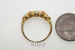 ANTIQUE ENGLISH 18K GOLD OLD CUT DIAMOND CORAL & PEARL 5 STONE RING c1890