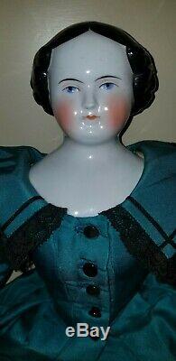 ANTIQUE GERMAN FLAT TOP CHINA HEAD DOLL 18 1/2 old body leather arms hands