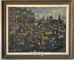 ANTIQUE MID CENTURY MODERN ABSTRACT CITYSCAPE OIL PAINTING OLD VINTAGE 1960s