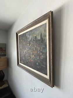 ANTIQUE MID CENTURY MODERN ABSTRACT CITYSCAPE OIL PAINTING OLD VINTAGE 1960s