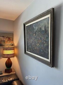 ANTIQUE MID CENTURY MODERN ABSTRACT CITYSCAPE OIL PAINTING OLD VINTAGE 1960s