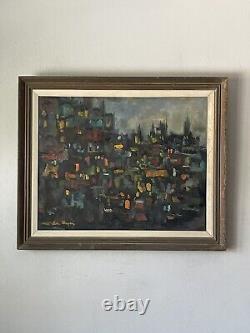 ANTIQUE MID CENTURY MODERN ABSTRACT CITYSCAPE OIL PAINTING OLD VINTAGE 1960s