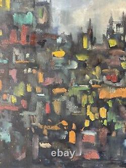 ANTIQUE MID CENTURY MODERN ABSTRACT CITYSCAPE OIL PAINTING OLD VINTAGE 1960s