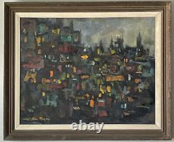 ANTIQUE MID CENTURY MODERN ABSTRACT CITYSCAPE OIL PAINTING OLD VINTAGE 1960s