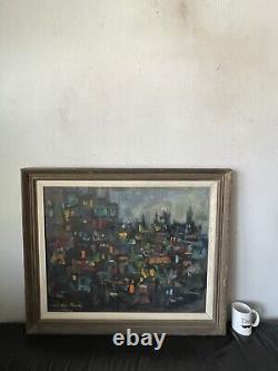 ANTIQUE MID CENTURY MODERN ABSTRACT CITYSCAPE OIL PAINTING OLD VINTAGE 1960s