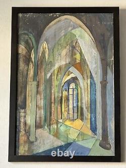ANTIQUE MID CENTURY MODERN ABSTRACT OIL PAINTING OLD VINTAGE CUBIST INTERIOR 50s