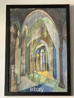 ANTIQUE MID CENTURY MODERN ABSTRACT OIL PAINTING OLD VINTAGE CUBIST INTERIOR 50s