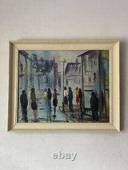 ANTIQUE MID CENTURY MODERN CITYSCAPE OIL PAINTING OLD VINTAGE ABSTRACT 1960s