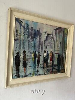 ANTIQUE MID CENTURY MODERN CITYSCAPE OIL PAINTING OLD VINTAGE ABSTRACT 1960s