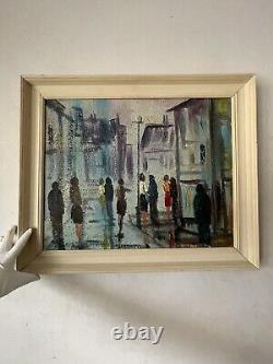 ANTIQUE MID CENTURY MODERN CITYSCAPE OIL PAINTING OLD VINTAGE ABSTRACT 1960s