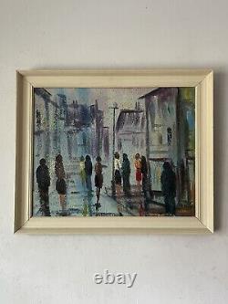 ANTIQUE MID CENTURY MODERN CITYSCAPE OIL PAINTING OLD VINTAGE ABSTRACT 1960s