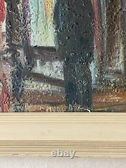 ANTIQUE MID CENTURY MODERN CITYSCAPE OIL PAINTING OLD VINTAGE ABSTRACT 1960s