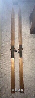 ANTIQUE Old Wooden Snow Skis Vintage Measuring 78 inches Long Leather Bindings
