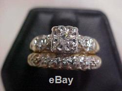 ANTIQUEDECO1920'S OLD MINE OR EUROPEAN CUT DIAMOND 2-RING SET 14K YG WG sz5