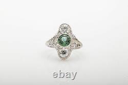 Antique $10K 3ct Natural Green Sapphire Old Euro Diamond Platinum Filigree Ring