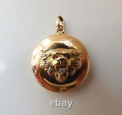 Antique 14K Gold Lion Pendant With Old Mine Cut Diamond Mouth & Ruby Eyes