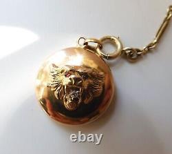 Antique 14K Gold Lion Pendant With Old Mine Cut Diamond Mouth & Ruby Eyes