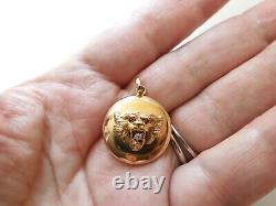 Antique 14K Gold Lion Pendant With Old Mine Cut Diamond Mouth & Ruby Eyes