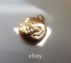 Antique 14K Gold Lion Pendant With Old Mine Cut Diamond Mouth & Ruby Eyes