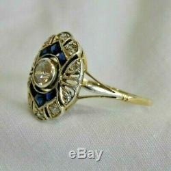 Antique 14K White & Yellow Gold with Old Mine Cut Diamonds & Sapphires Ring Size 8