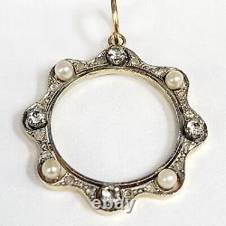 Antique 14K Yellow Gold Pearl & Old Mine Diamond Pendant 1.25 3.20g