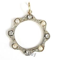 Antique 14K Yellow Gold Pearl & Old Mine Diamond Pendant 1.25 3.20g