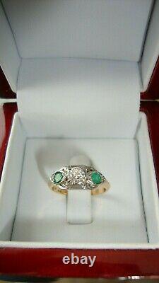 Antique 14k 18k Solid Gold 0.30 Ct Si1 Old Cut Diamond Green Emerald Ring 5.75