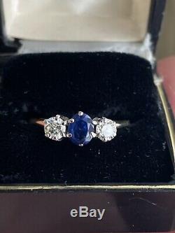 Antique 14k Victorian. 85ct sapphire and. 50ct Old Euro diamond three stone ring