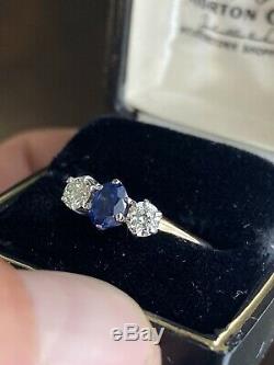 Antique 14k Victorian. 85ct sapphire and. 50ct Old Euro diamond three stone ring