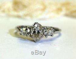 Antique 18K White Gold 3 Stone Old Mine Cut Oval and Round 3 Stone Ring Sz 5.75