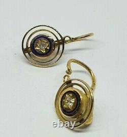 Antique 18kt Gold Hallmarked Earrings with Old Cut Diamonds and Enamel with box