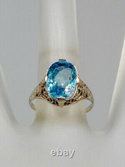 Antique 1920s $3000 5ct Natural Old Cut Blue Zircon 14k White Gold Filigree Ring